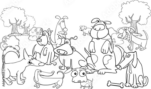 Cartoon Illustration of dogs on the meadow for coloring book
