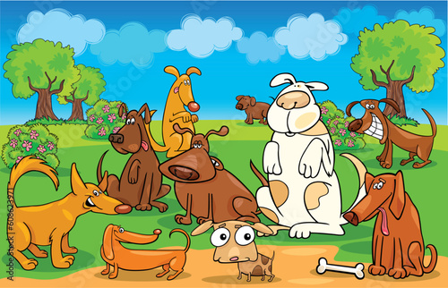 Cartoon Illustration of dogs on the meadow