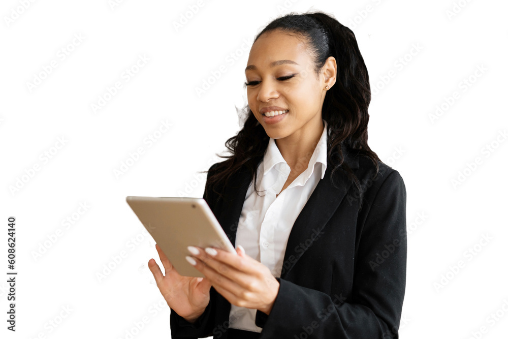 A cheerful woman in a business suit uses a tablet, works as a secretary in the office, sends a message. Transparent background, png.p A cheerful woman in a business suit uses a tablet, works as a secretary in the office, sends a message. Transparent background, png.p