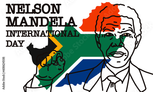 Nelson Mandela International Day. Stock vector illustration. contour portrait with raised hand against the background of the flag and the outline of South Africa. Rights, strength, victory, equality