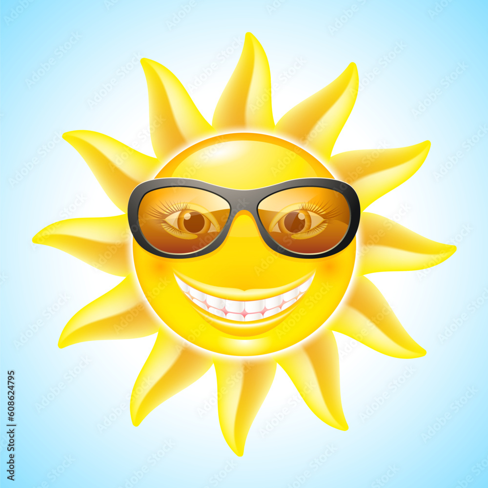 Cool Smiling  Sun with Sunglasses. Cartoon Character for design