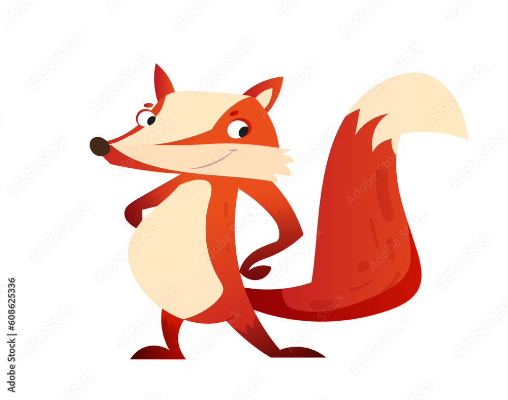 Obraz premium Forest animal icon. Funny brave fox with red hair. Smiling character for design and social media. Cute beast sticker in doodle style. Cartoon flat vector illustration isolated on white background