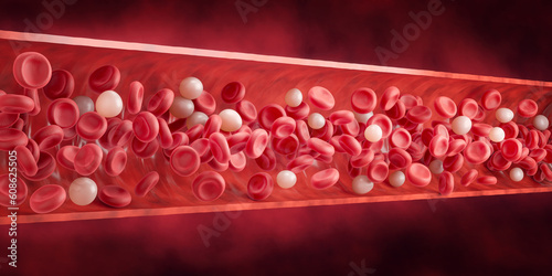 Blood vessel with flowing Red blood and White blood cells, 3D illustration photo