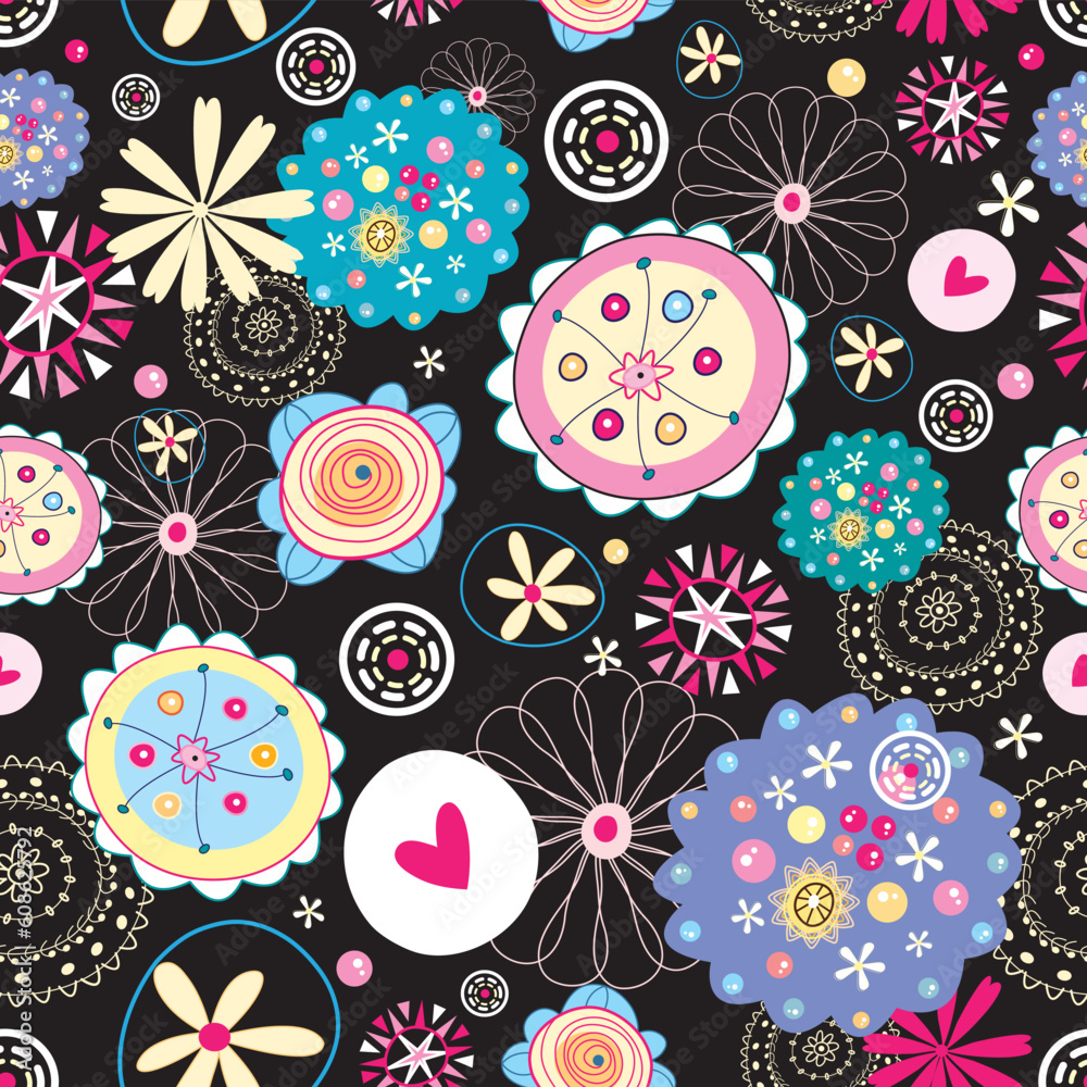 Fototapeta premium Seamless bright floral pattern on a black background