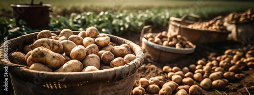 Fresh ripe potatoes in large baskets on the background of a potato field. Harvesting. Banner.