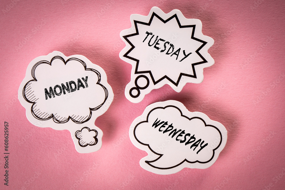 MONDAY TUESDAY WEDNESDAY. Speech bubbles with text on pink background MONDAY TUESDAY WEDNESDAY. Speech bubbles with text on pink background