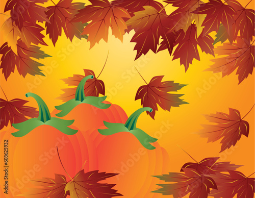 Pumpkin Patch and Maple Tree Leaves Falling in Autumn Season Illustration