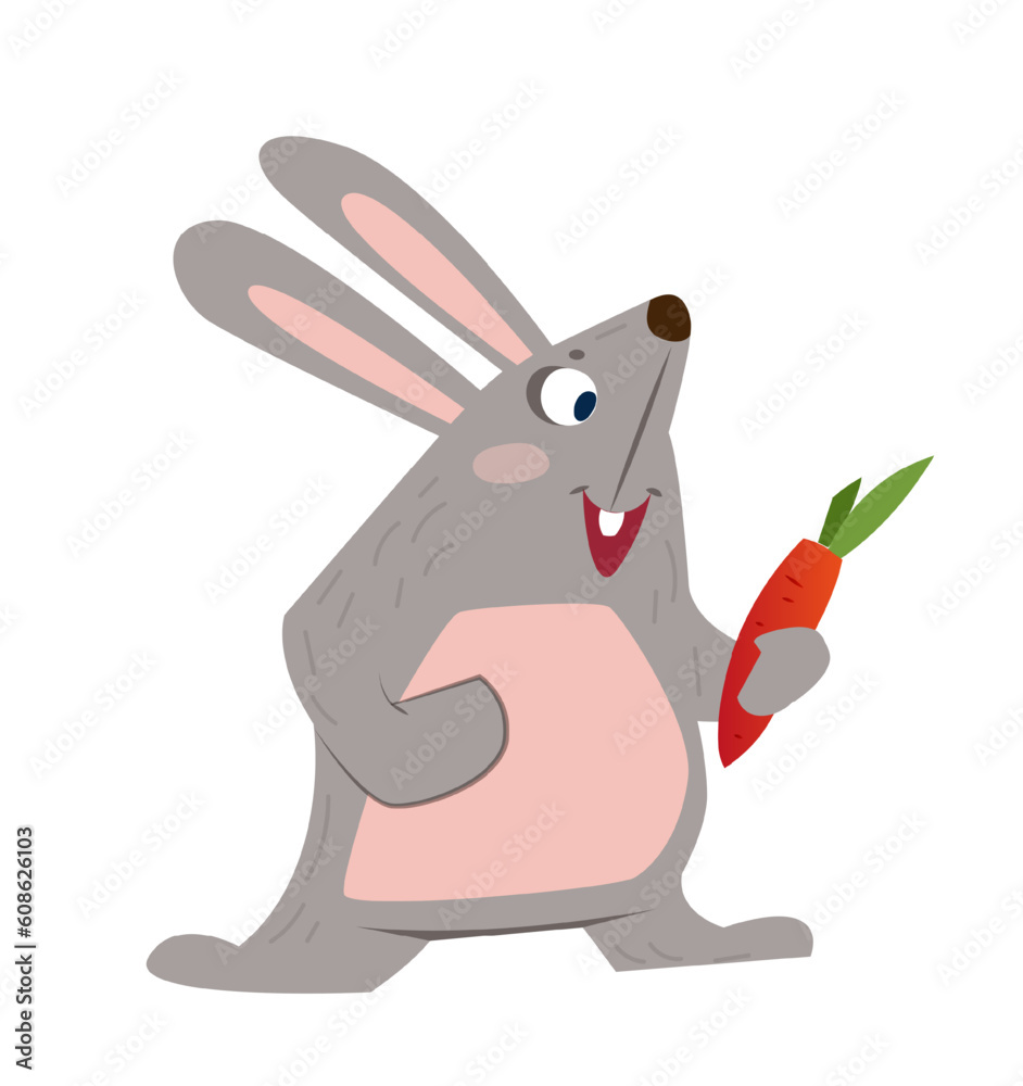 Forest animal icon. Funny sticker with hare holding carrot in paw. Cute rabbit for apps and social media. Nature and woodland concept. Cartoon flat vector illustration isolated on white background Forest animal icon. Funny sticker with hare holding carrot in paw. Cute rabbit for apps and social media. Nature and woodland concept. Cartoon flat vector illustration isolated on white background