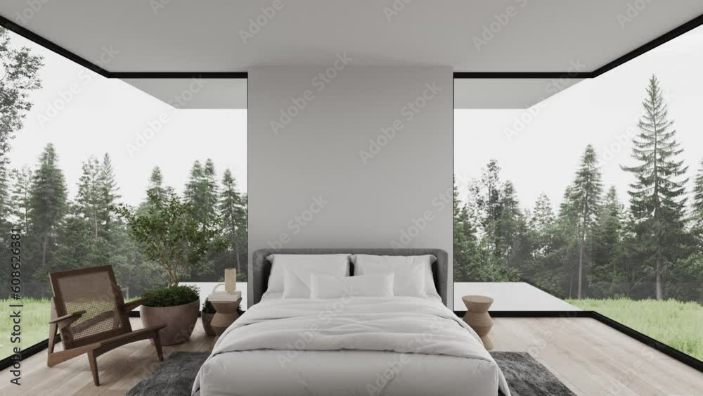 3d animation video,  Forest view white bedroom scandinavian minimalist room interior design 3d render with large windows plants and wooden floor