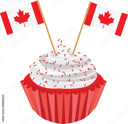 Happy Canada Day Red and White Cupcake with Canadian Flags Illustration