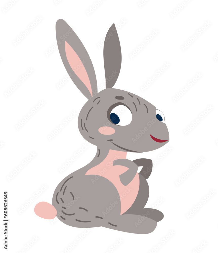 Fototapeta premium Forest animal icon. Funny hare with ears in doodle style. Cute rabbit, bunny for wallpaper design. Wildlife, nature, woodland concept. Cartoon flat vector illustration isolated on white background