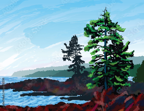 Beautifull digital painting depicting a scene from the rugged west coast of Vancouver Island BC.