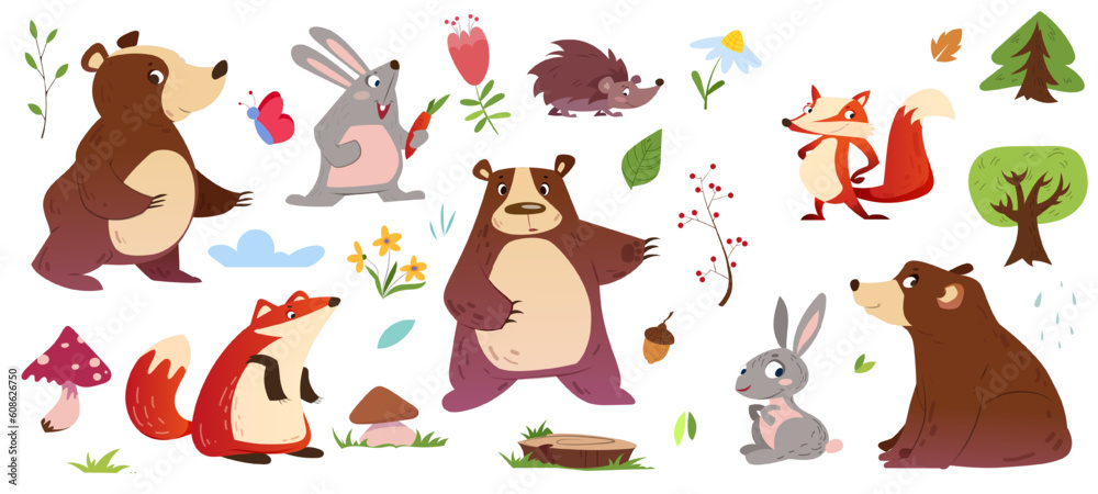 Fototapeta premium Cute forest animals set. Funny bears, foxes, hedgehogs and hares in woodland. Stickers with characters for wallpaper and fabric design. Cartoon flat vector collection isolated on white backgroun