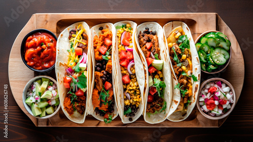 Vegan tacos with vegetables on a wooden board. Generative AI. photo