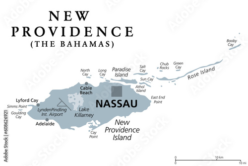 New Providence Island, gray political map, with Nassau, capital of The Bahamas, an island country within the West Indies in the North Atlantic. The capital boundaries are coincident with the island. photo