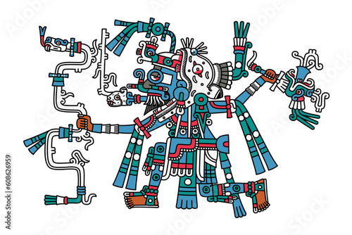 Tlaloc, Aztec god of lightning, rain and earthquake, deity of fertility and water. He is shown with blue skin, wearing a jaguar mask, steam coming from his mouth, holding a wavy serpent and an axe.