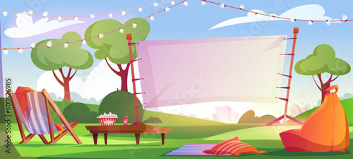 Cinema in open air. Big screen for night show. Outside watching movie theater. Green landscape in backyard with sun lounger  table  popcorn  cozy chairs and pillows. Cartoon flat vector illustration