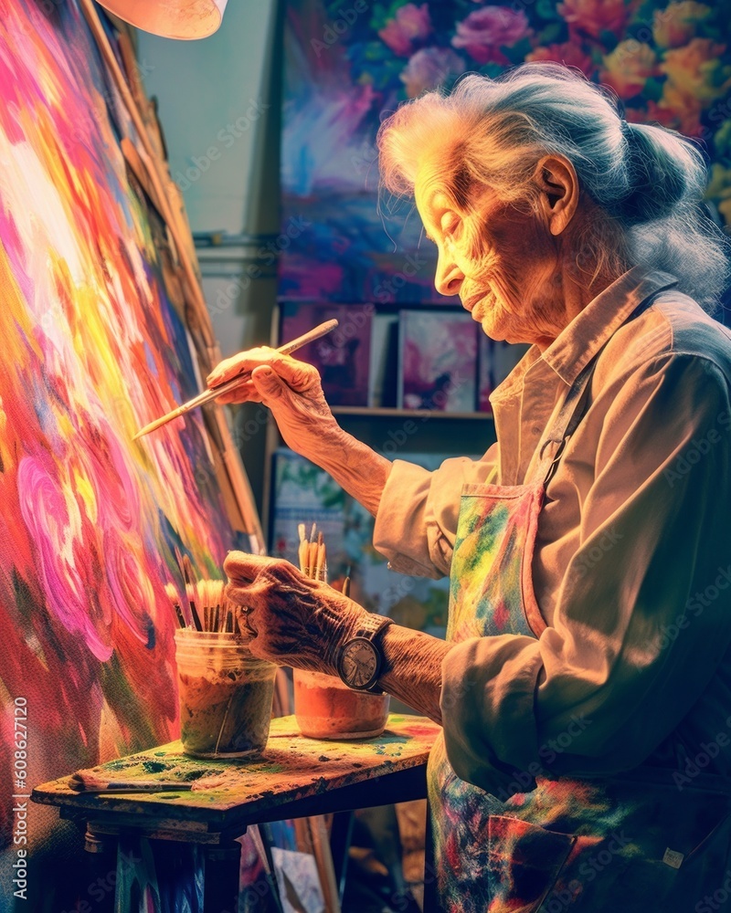 Fototapeta premium inspirational senior woman absorbed in painting