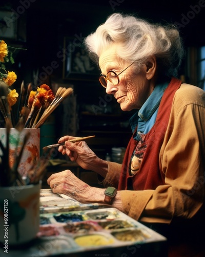 inspirational senior woman absorbed in painting