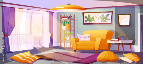 Cozy living room interior. Colored apartment with sofa, paintings on wall, carpet, pillows and bookcase with potted plant. Lounge with large window and coffee table. Cartoon flat vector illustration