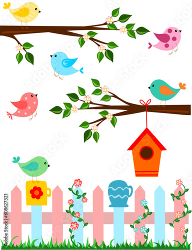 Cartoon illustration of birds with fence and bird house