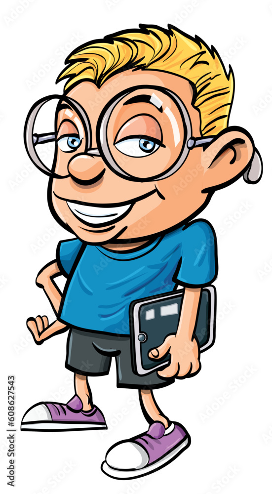 Cartoon nerd with glasses holding a tablet computer. Isolated