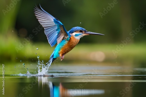 A delicate and agile kingfisher diving into the water, capturing a fish with remarkable precision and speed