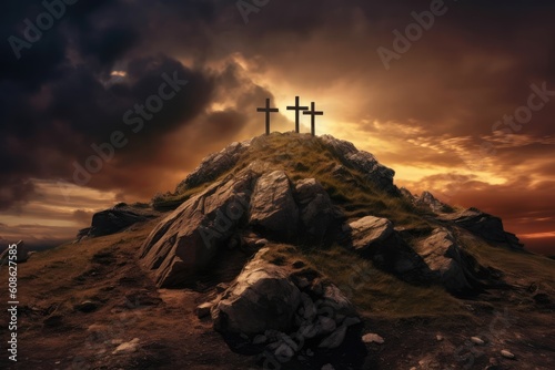 Three wooden crosses on hill at sunset background. Death and resurrection of Jesus Christ. Easter concept. Generative AI