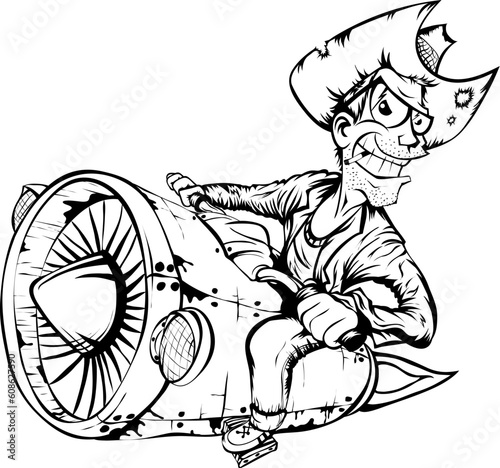 Biker-cowboy on a motorcycle turbo rocket. Black and white vector illustration isolated.
