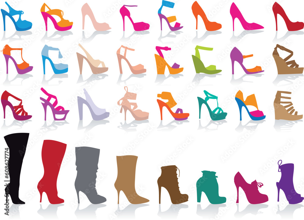set of detailed colorful shoes, vector illustration