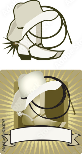 Vector illustration of cowboy hat, boots with spurs and rope.