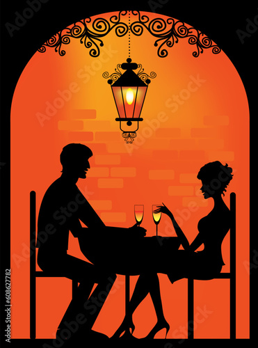 Vector silhouette of a couple dinning at cellar restaurant with soft lantern light