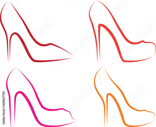 high heel shoes line art, vector set