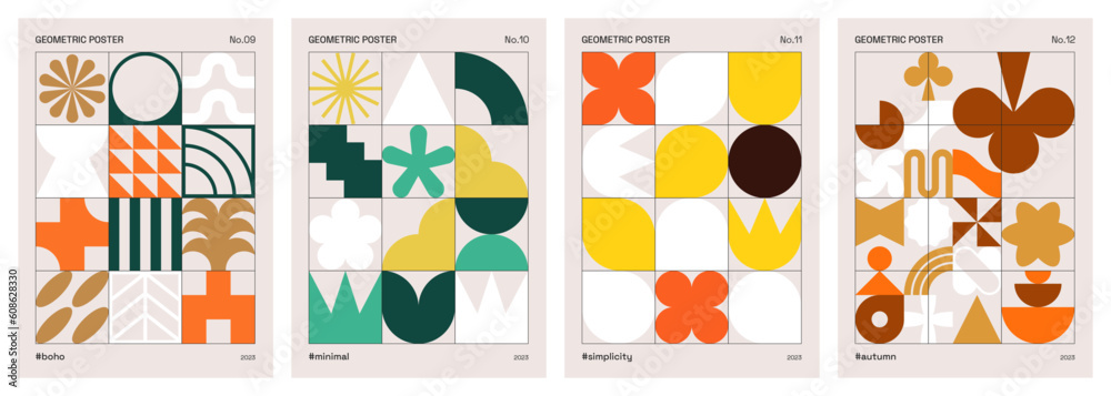 Abstract colorful geometric posters. Vector patterns influenced by Swiss style and minimalism. Modern and trendy geometrical backgrounds for prints, covers, invitations or cards. Primitive shape set.