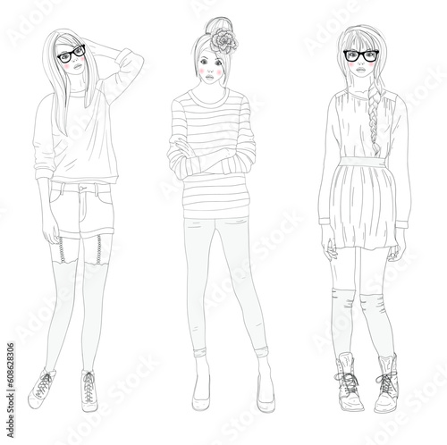 Young beautiful girls fashion illustration. Vector illustration. Background with teen females in fashionable clothes posing. Fashion illustration.