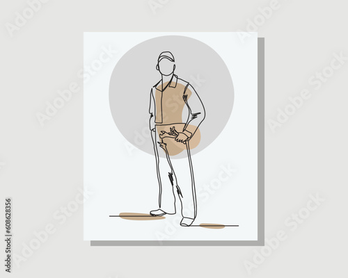 Continuous single one line drawing art of mechanic man holding mechanic tools wearing uniform and helmet