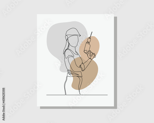  Continuous single one line drawing art of mechanic woman holding mechanic tools wearing uniform and helmet