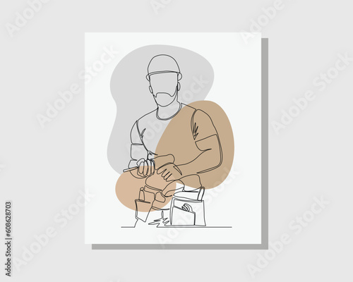 Continuous single one line drawing art of mechanic man holding mechanic tools wearing uniform and helmet