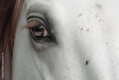 Closeup eye of beautiful spellbinding white horse. Generative AI © barmaleeva
