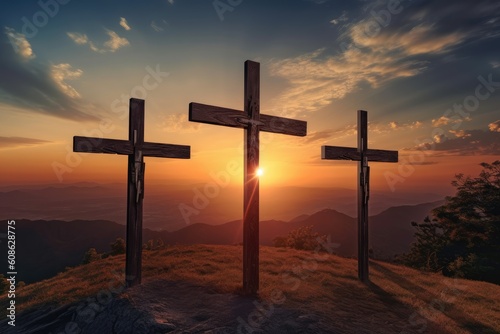 Three wooden crosses on hill at sunset background. Death and resurrection of Jesus Christ. Easter concept. Generative AI