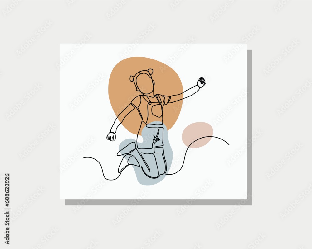 Continuous single one line drawing art of happy little girl jump and cheers show freedom and happiness vector illustration Continuous single one line drawing art of happy little girl jump and cheers show freedom and happiness vector illustration