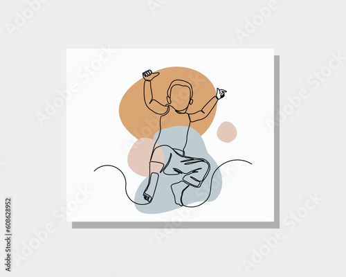 Continuous single one line drawing art of happy little boy jump and cheers show freedom and happiness vector illustration