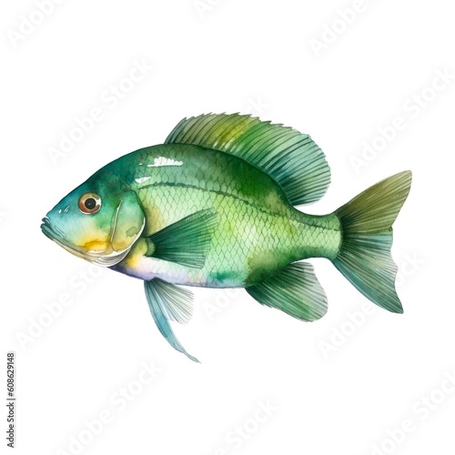 Green fish isolated on white background in watercolor style. Generative AI.