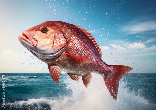Red Snapper jumping out of the ocean water. Ai generative