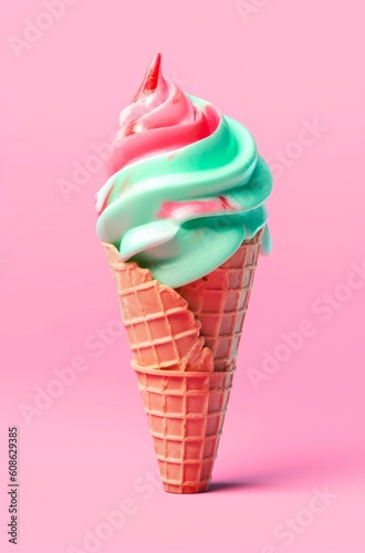 Ice cream in a waffle cone on pastel pink background. Generative AI.