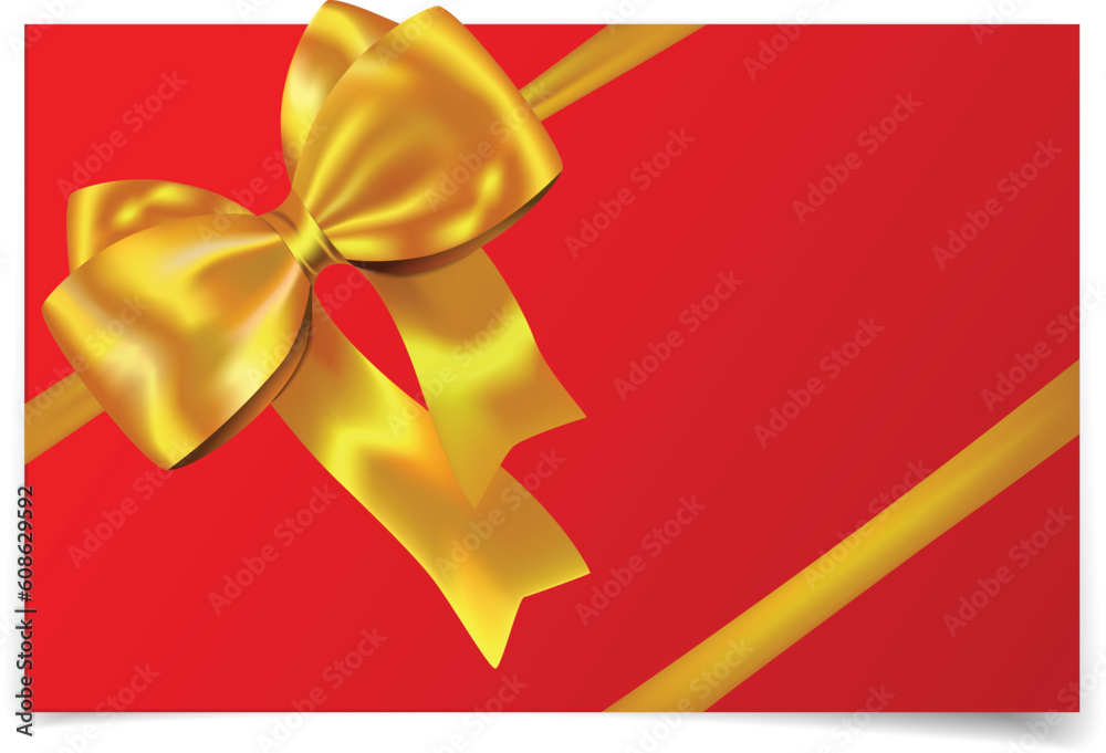 Golden gift ribbon with bow on red card. Vector illustration