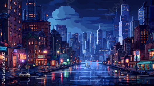 Night city. Game pixel art style like in old games of the 90's