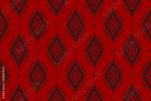 Fabric ethnic red pattern art. Geometric seamless pattern in tribal. American and Mexican style. Design for background, Vector illustration, fabric, clothing, carpet, batik, embroidery.