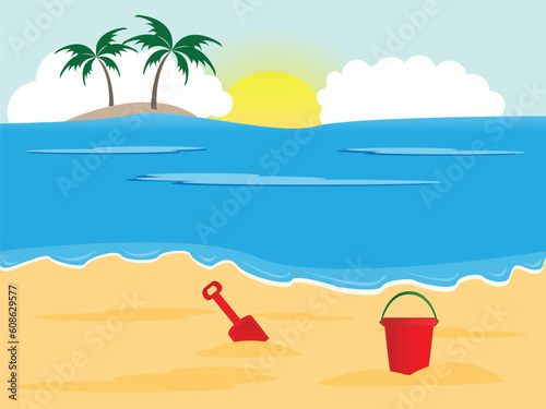 Summer holiday background, sunny beach with bucket and spade