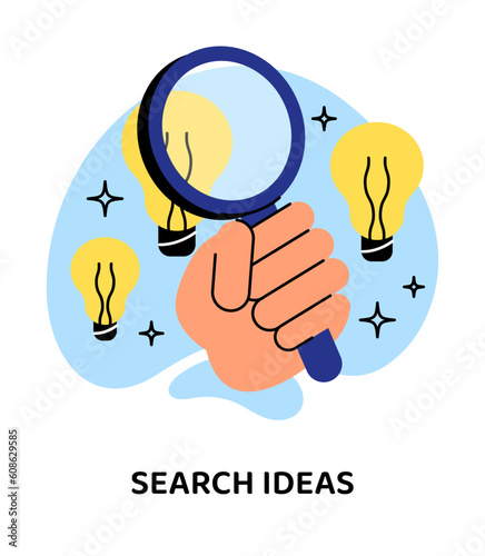 Business search ideas doodle concept. Hand with magnifying glass near gold coins. Financial literacy and passive income, brainstorm. Cartoon flat vector illustration isolated on white background